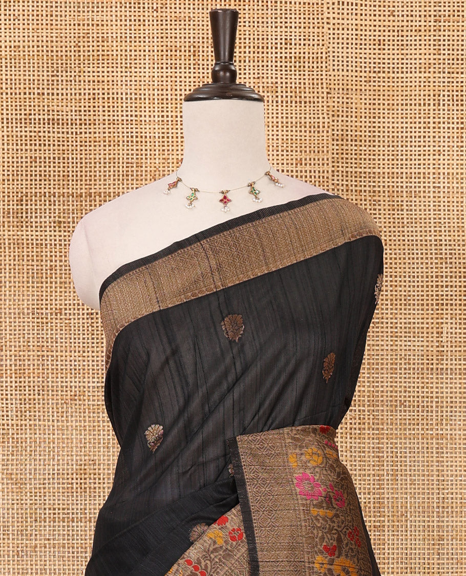 Black floral zari buttas jute silk saree, contrast meenakari floral creeper & jaal design border, jaal pallu & matching plain blouse