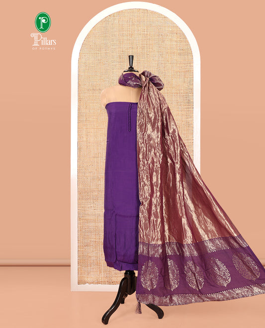Purple Mul Chanderi Material Chudidar Set, Subtly Sparkled with Pom-Pom Neckline on Its Top, a Plain Bottom, and Paired with a Banaras Tissue Zari Decked Up Dupatta