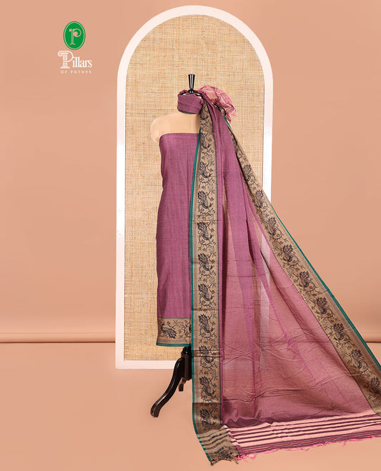 Pink Mercerised Cotton Material Churidar Set, Subtly Made Plain with Contrast Floral-Peacock Bordered Top, a Mercerised Cotton Bottom, and Paired with a Mercerised Cotton Peacock-Bordered Dupatta