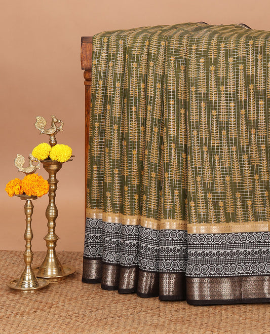 Mehendi green checked & pine-tree motifs printed chanderi cotton saree,contrast traditional border & zari checked pallu