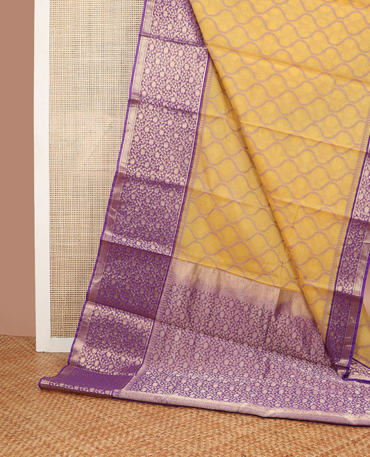 Yellow ogee design silk cotton saree with contrast floral design border & jacquard design pallu