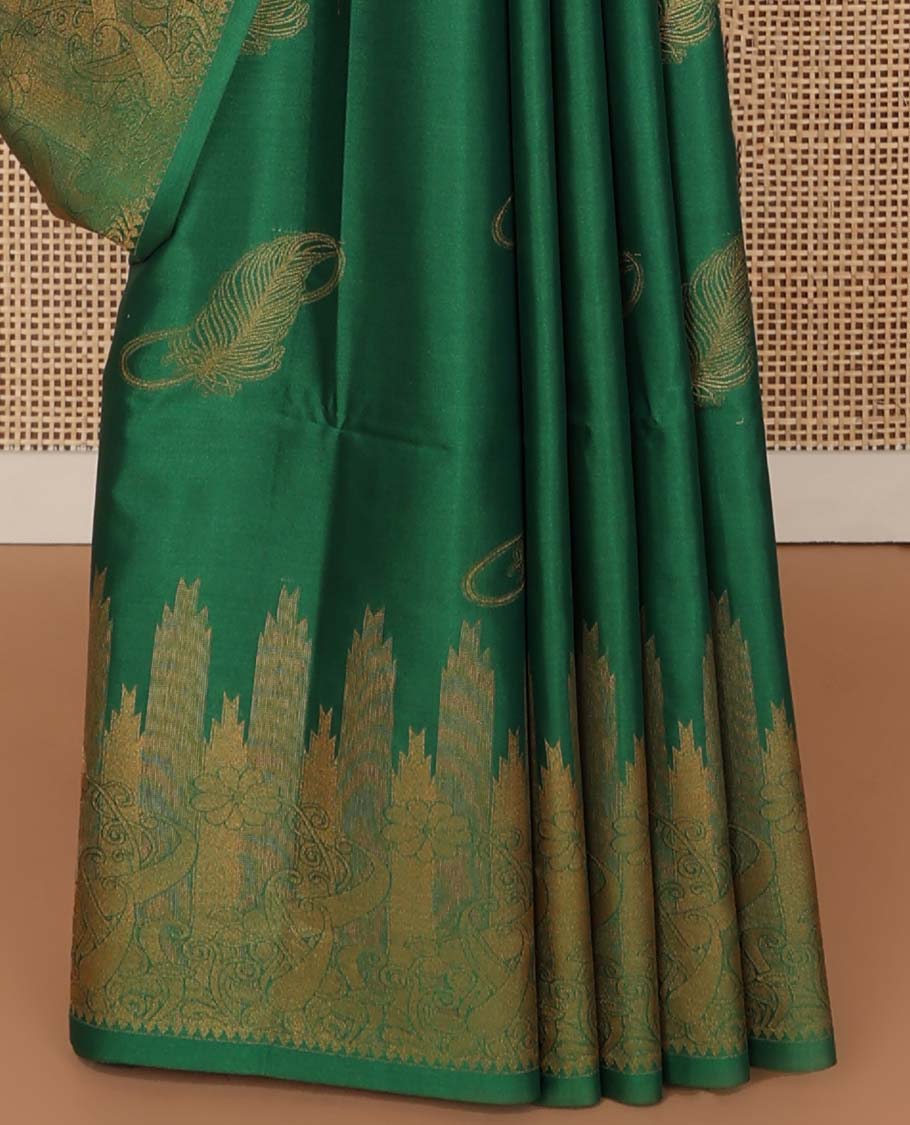 Dark green leaf motifs soft silk saree with self zari design border & floral design pallu