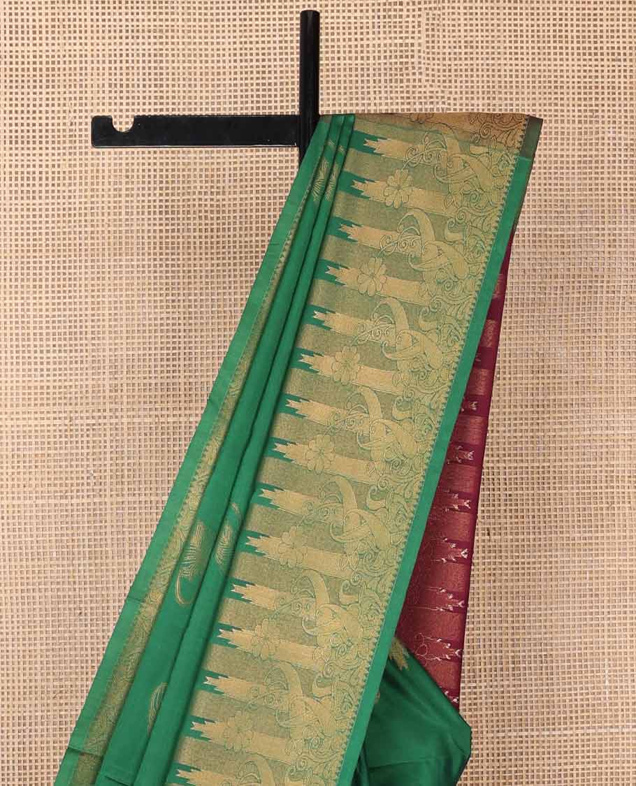 Dark green leaf motifs soft silk saree with self zari design border & floral design pallu