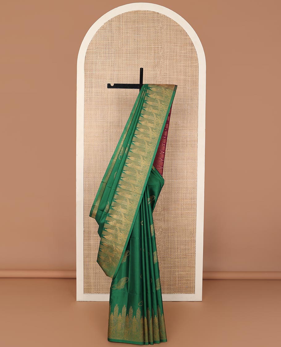 Dark green leaf motifs soft silk saree with self zari design border & floral design pallu