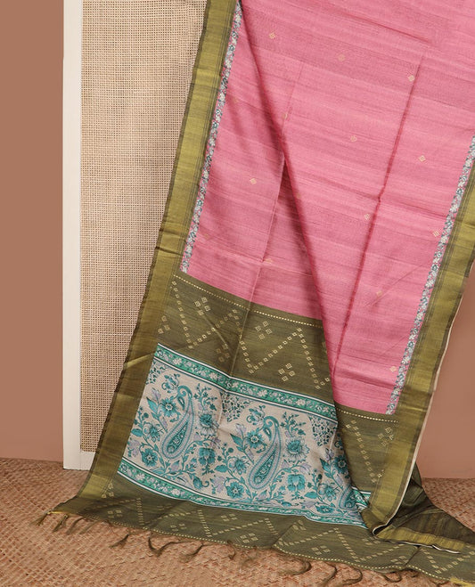 Onion pink buttas tussar silk saree, contrast bavanji border, and floral-paisley printed pallu