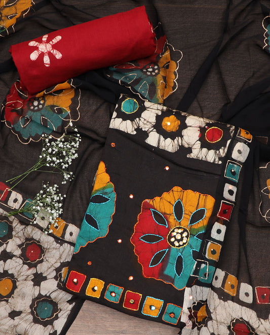 Multi-color material chudidar set, batik printed with mirror embroidered top, contrast red batik printed bottom, and batik printed dupatta