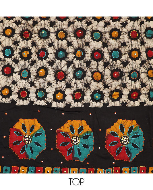 Multi-color material chudidar set, batik printed with mirror embroidered top, contrast red batik printed bottom, and batik printed dupatta