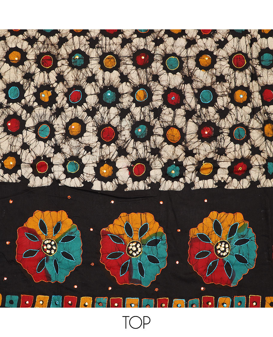 Multi-color material chudidar set, batik printed with mirror embroidered top, contrast red batik printed bottom, and batik printed dupatta