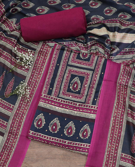 Blue base material chudidar set, intricate print with sequins work top, contrast bottom and intricately printed dupatta