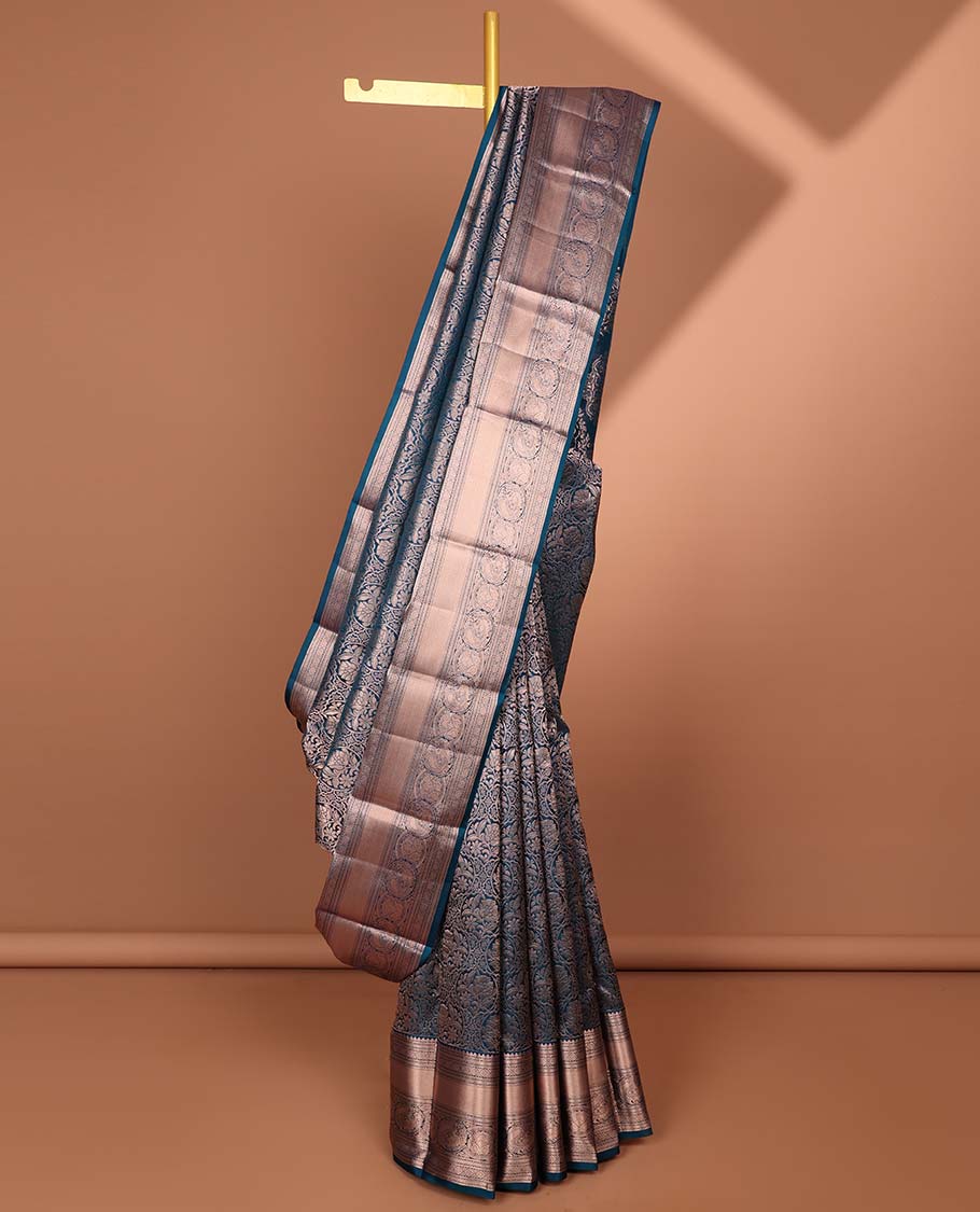 Blue floral jacquard kancheepuram silk saree with self border of muthu, paun, paun design & zari design pallu