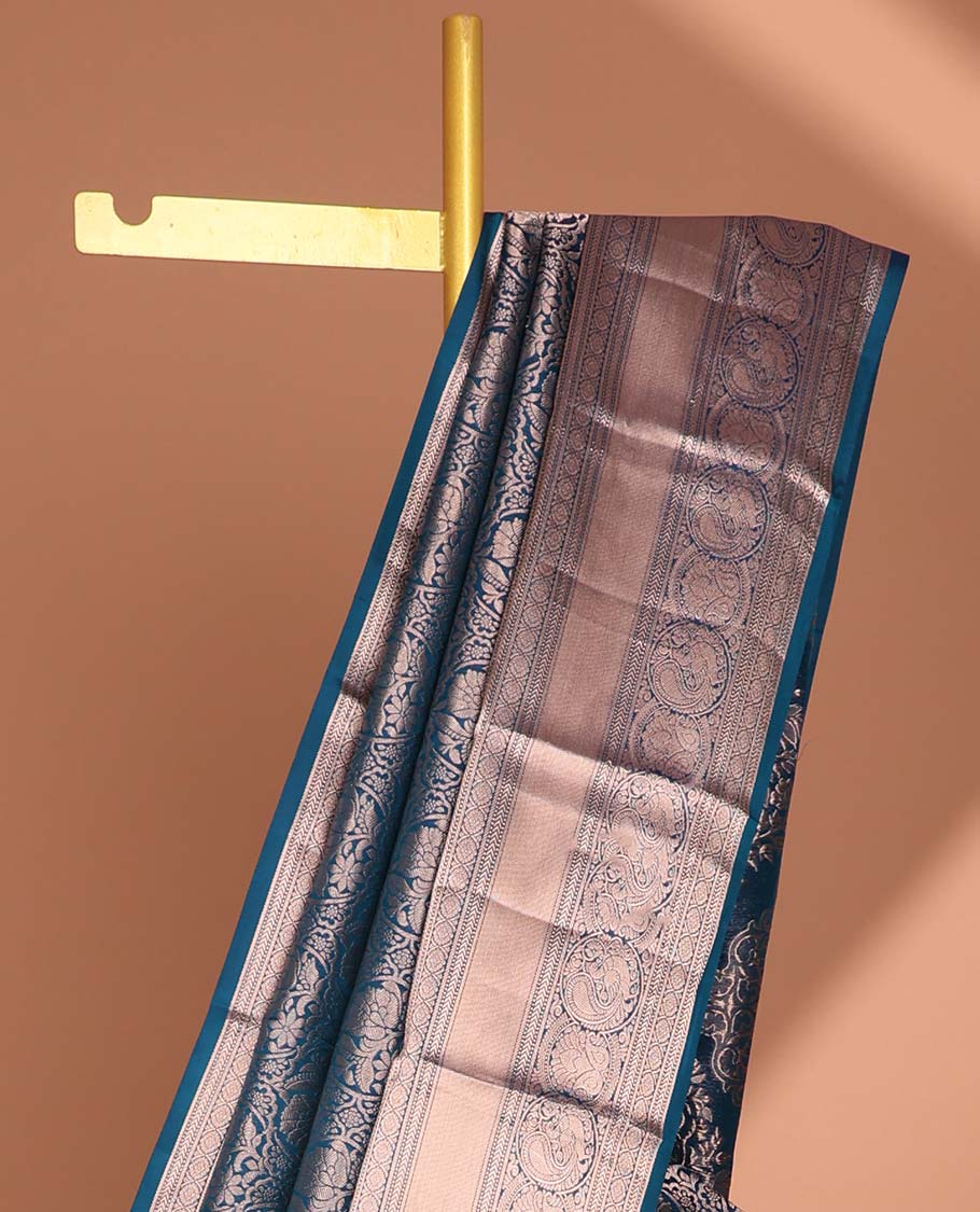 Blue floral jacquard kancheepuram silk saree with self border of muthu, paun, paun design & zari design pallu