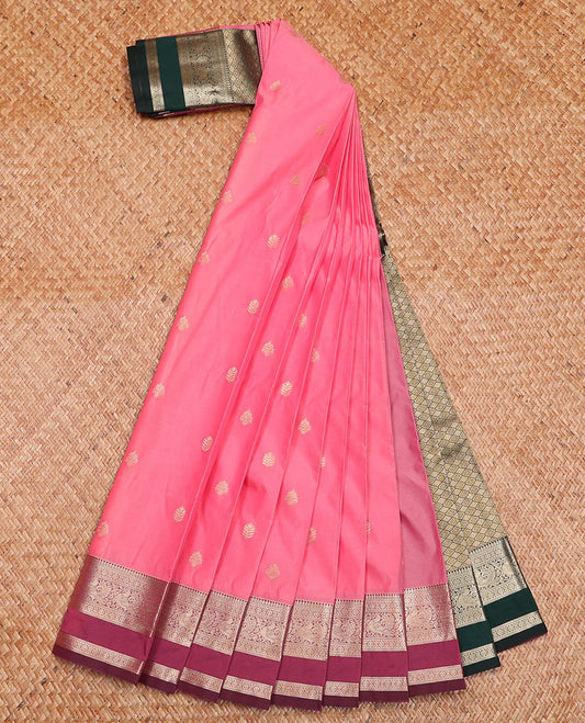 Pink Budget Silk Saree Artfully Detailed with Buttas, Complemented by a Captivating Contrast Traditional Zari Peacock-Motif Rettai Pettu Border, Featuring a Jaal-Designed Pallu, and Paired with a Contrast Blouse