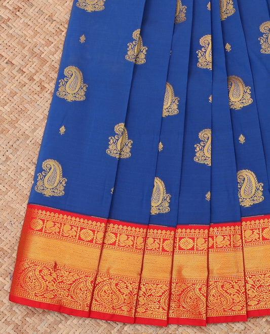 Royal Blue Budget Silk Saree, Elevated with Zari Buttas, a Contrast Traditional Zari Border, Grand Pallu, and a Contrast Blouse