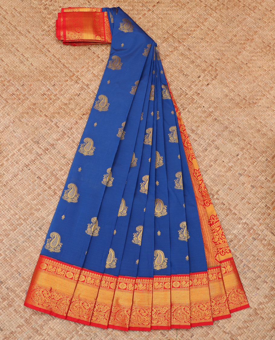 Royal Blue Budget Silk Saree, Elevated with Zari Buttas, a Contrast Traditional Zari Border, Grand Pallu, and a Contrast Blouse