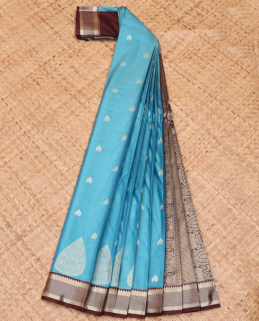 Blue Budget Silk Saree, Adorned with Zari Buttas All Over Its Body, Complemented by Contrast Traditional Zari Designs Woven Border, Grand Pallu, and Paired with a Contrast Blouse