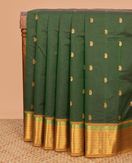 Green paisley buttas Venkatagiri cotton saree, contrast traditional zari design border, and zari striped pallu