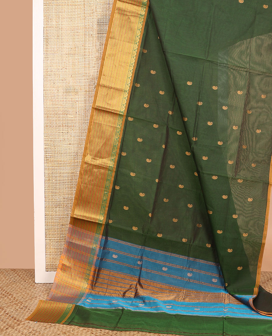 Green paisley buttas Venkatagiri cotton saree, contrast traditional zari design border, and zari striped pallu