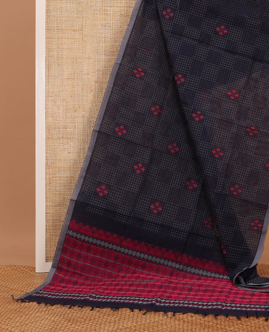 Grey checks & buttas Coimbatore cotton saree, contrast plain border & pallu of intricate designs