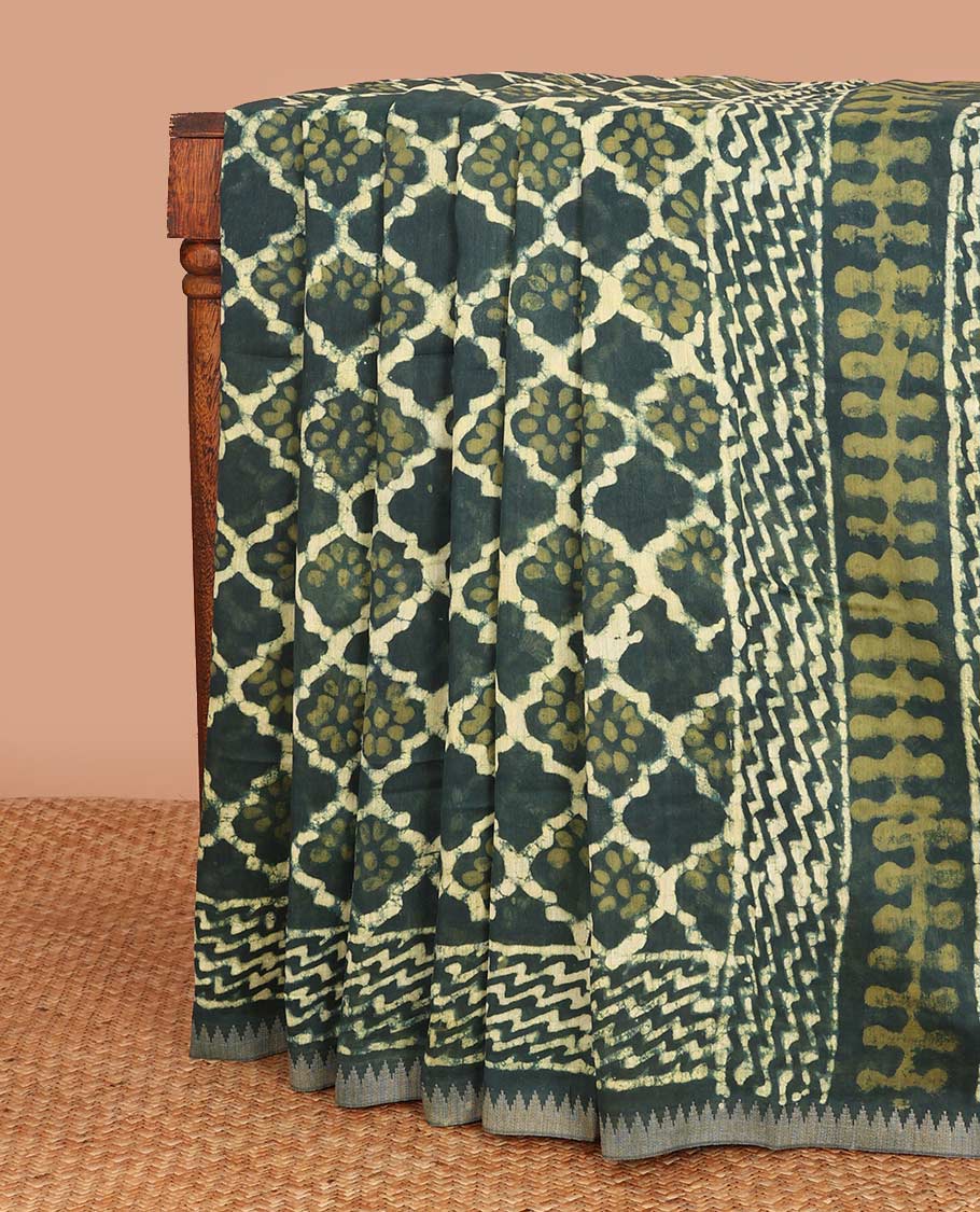 Green batik style ogee printed mul mul cotton saree, batik printed border, and pallu of geometric print