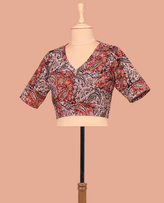 Red and Pink Cotton Readymade Blouse Detailed with All-Over Paisley and Floral Print, Featuring a Front V-Neck, a Closed Back Neck, and Elbow Sleeves