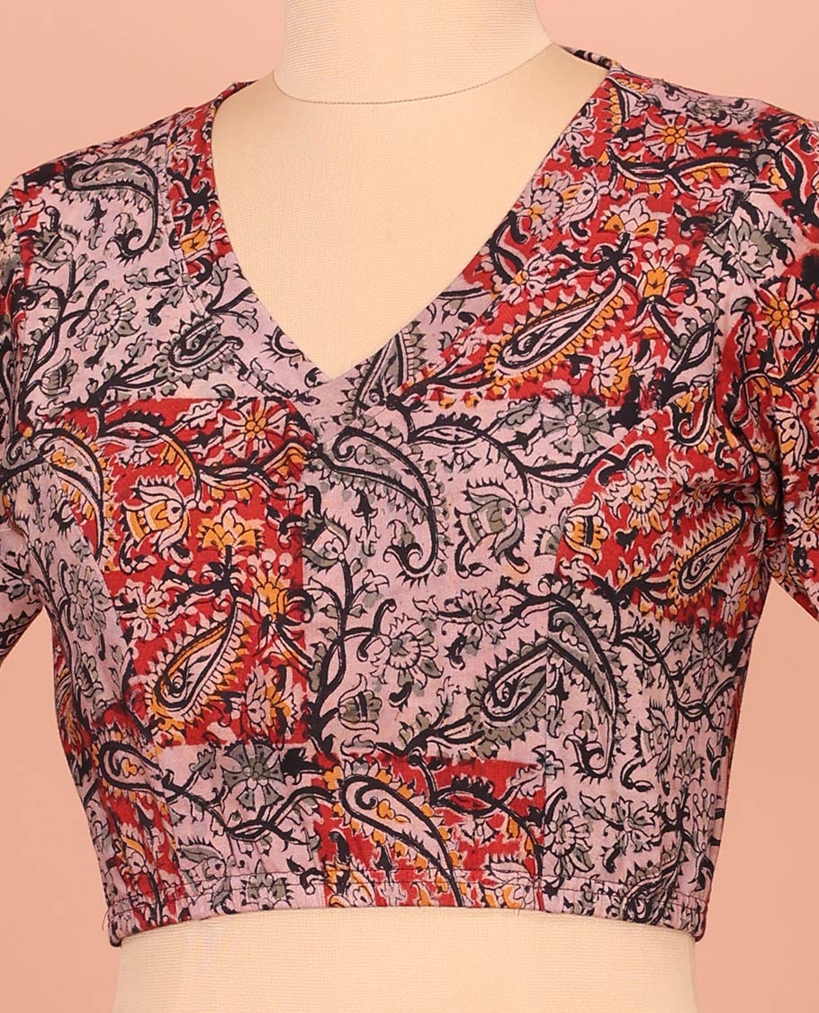 Red and Pink Cotton Readymade Blouse Detailed with All-Over Paisley and Floral Print, Featuring a Front V-Neck, a Closed Back Neck, and Elbow Sleeves
