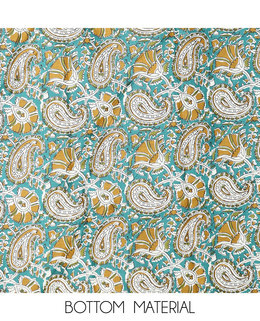 Blue cotton chudidhar material set, floral printed & neck work top, paisley printed bottom & floral printed dupatta