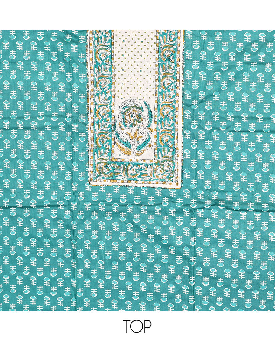 Blue cotton chudidhar material set, floral printed & neck work top, paisley printed bottom & floral printed dupatta