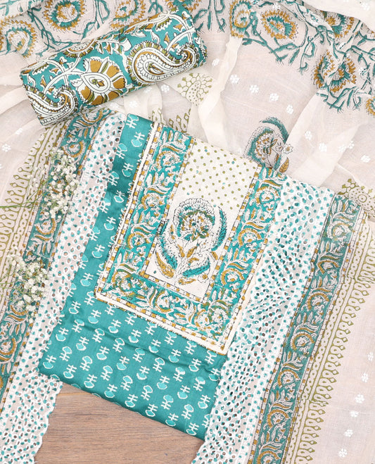 Blue cotton chudidhar material set, floral printed & neck work top, paisley printed bottom & floral printed dupatta