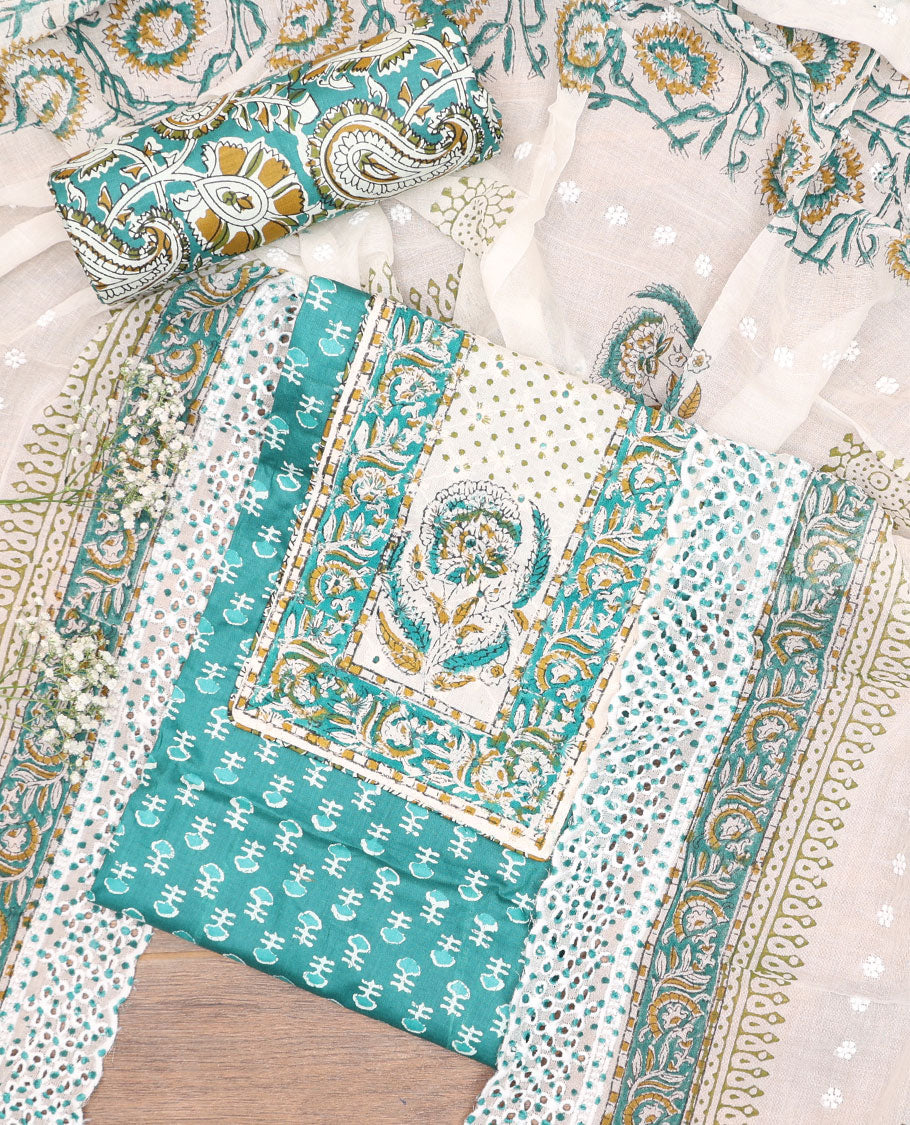 Blue cotton chudidhar material set, floral printed & neck work top, paisley printed bottom & floral printed dupatta
