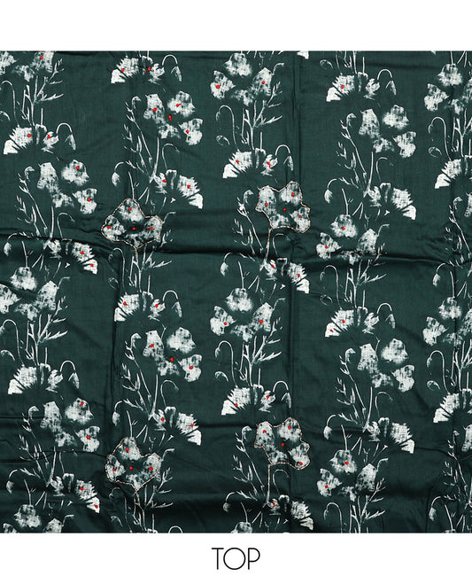 Green material chudidar set, floral printed with French knot embroidered top, plain bottom, and dupatta of stripes and floral print