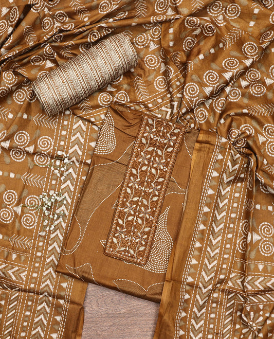 Brown Material Chudidar Set, Embellished with Abstract Print and Neck Embroidered Cotton Top, a Printed Cotton Bottom, and Paired with a Ikkat-Style Geometric Printed Cotton Dupatta