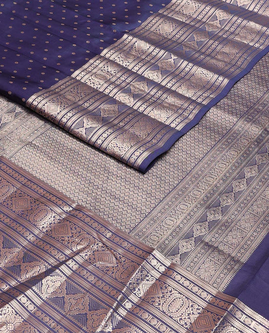 Navy blue zari buttas Vasundhara silk mix saree, traditional zari design steeped border & then kuli rudraksham motif pallu
