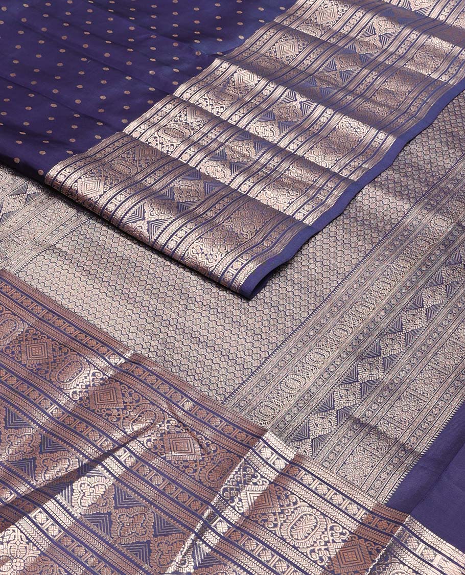 Navy blue zari buttas Vasundhara silk mix saree, traditional zari design steeped border & then kuli rudraksham motif pallu