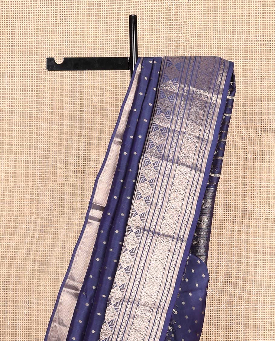 Navy blue zari buttas Vasundhara silk mix saree, traditional zari design steeped border & then kuli rudraksham motif pallu