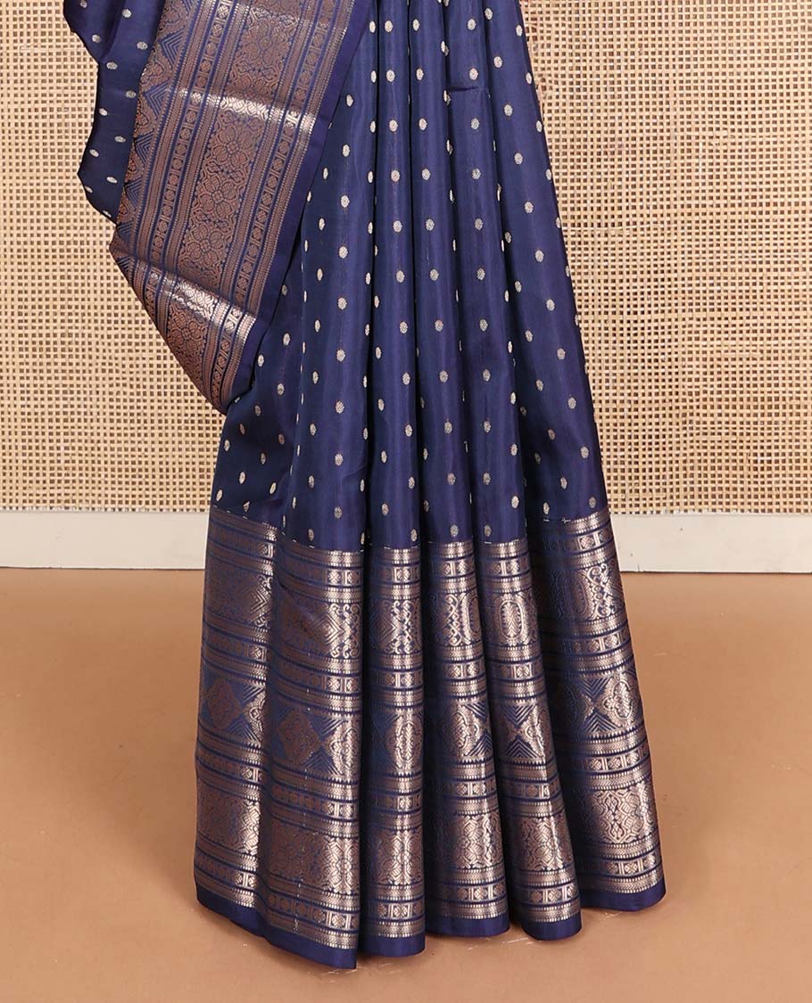Navy blue zari buttas Vasundhara silk mix saree, traditional zari design steeped border & then kuli rudraksham motif pallu
