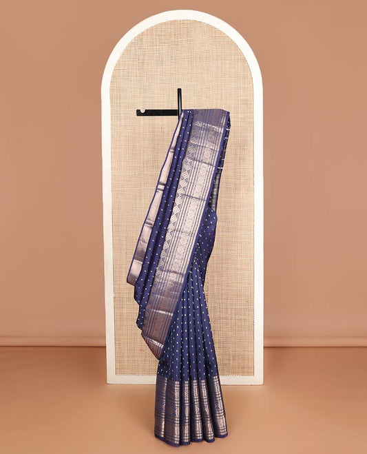 Navy blue zari buttas Vasundhara silk mix saree, traditional zari design steeped border & then kuli rudraksham motif pallu