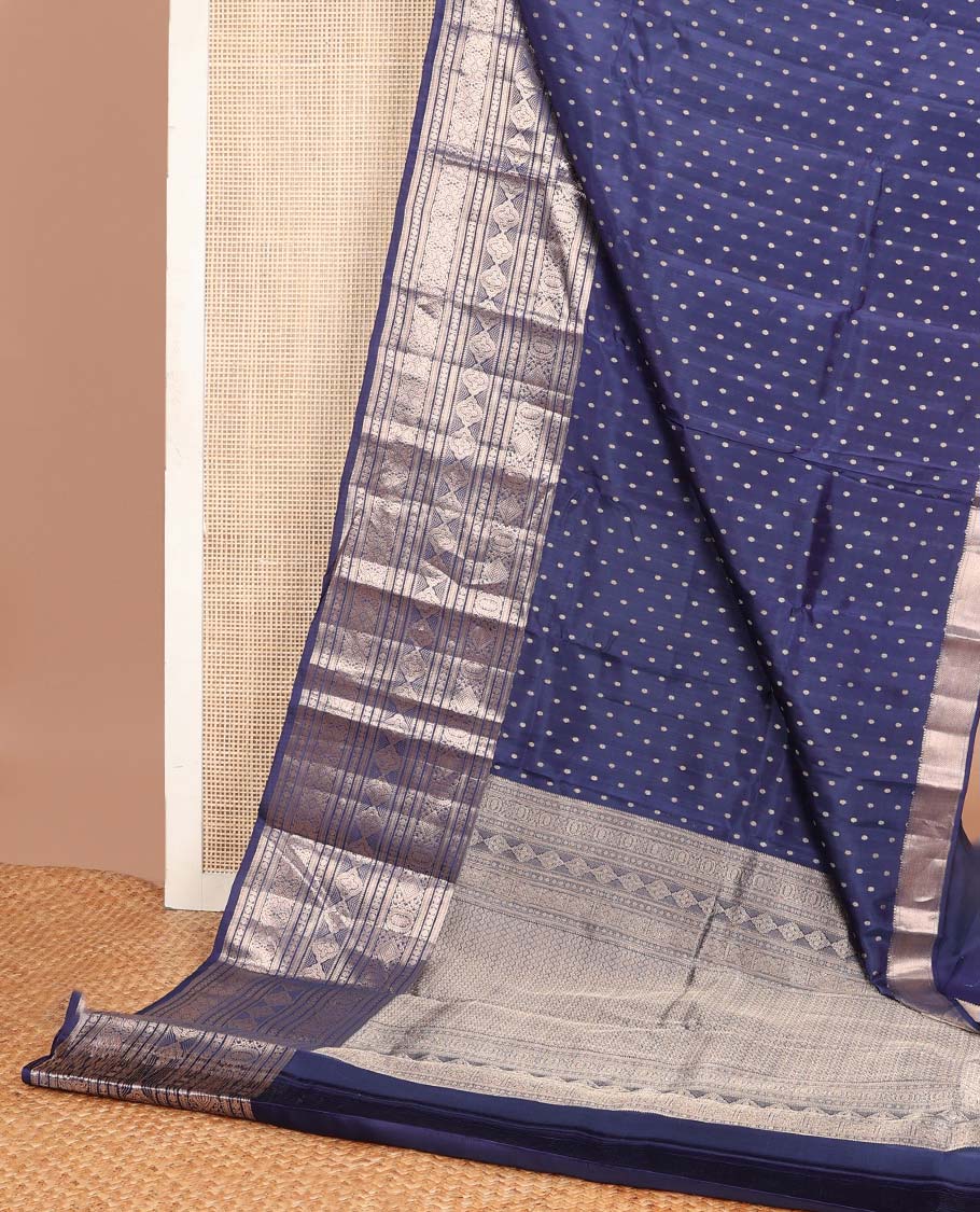 Navy blue zari buttas Vasundhara silk mix saree, traditional zari design steeped border & then kuli rudraksham motif pallu