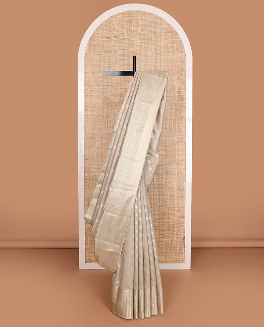 Cream zari buttas Vasundhara silk mix saree, intricate pallu, and zari border of manga, kathir, thilakam, banaras, and kodi visiry, and intricate pallu