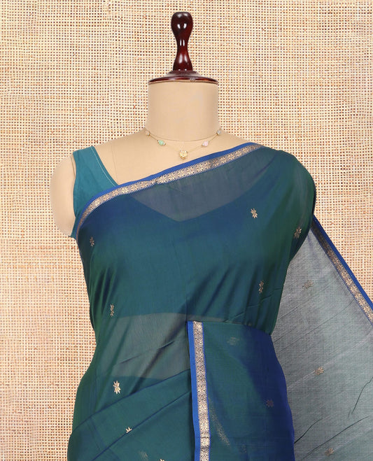 Blue Maheshwari Cotton Saree, Ornamented with Zari Buttas, a Contrast Piping Zari Border, Pallu of Zari Buttas, and a Contrast Blouse