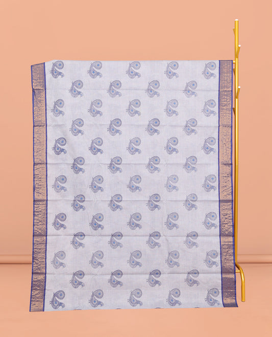 Blue Andhra Cotton Saree, Adorned with Bird Motifs Print, a Contrast Zari Border, a Pallu of Bird-Print, and a Matching Blouse