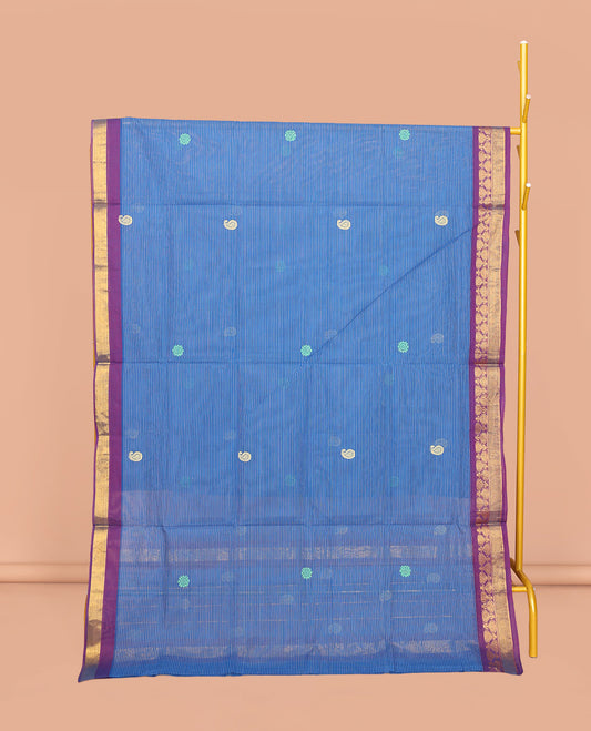 Blue Venkatagiri Cotton Saree Features Buttas and Stripes, a Contrast Traditional Zari Border, Pallu of Buttas and Stripes, and No Blouse