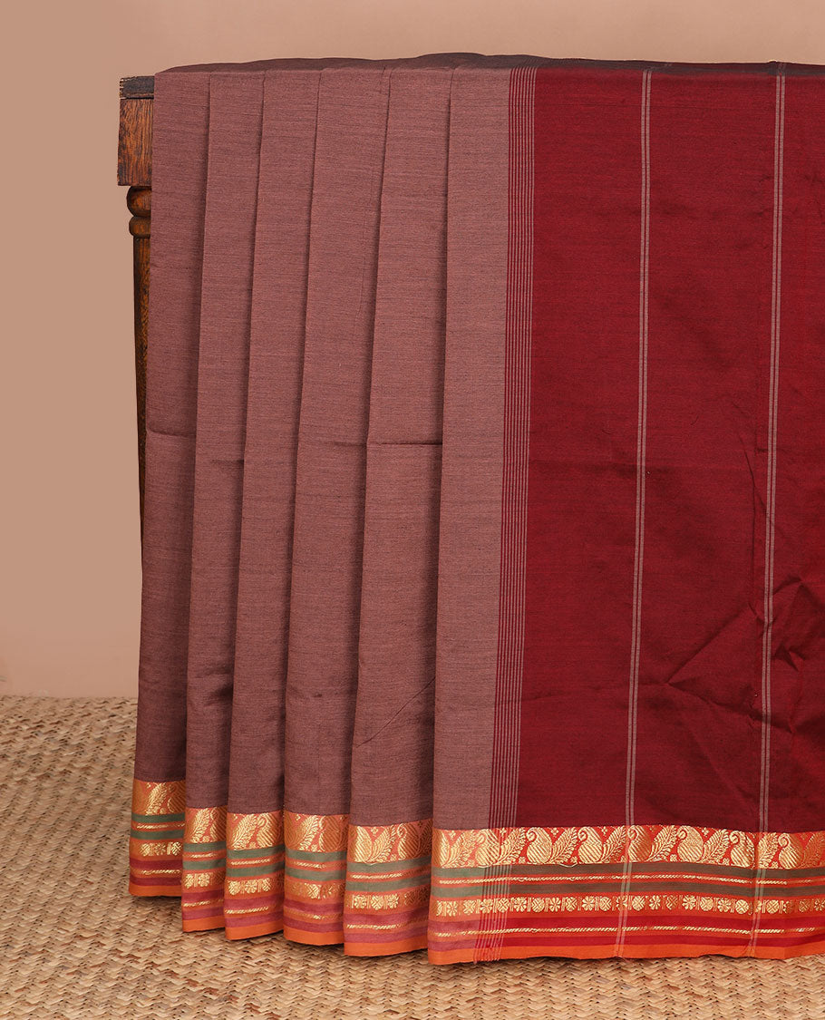 Brown plain design poly cotton saree, contrast traditional zari border & striped pallu