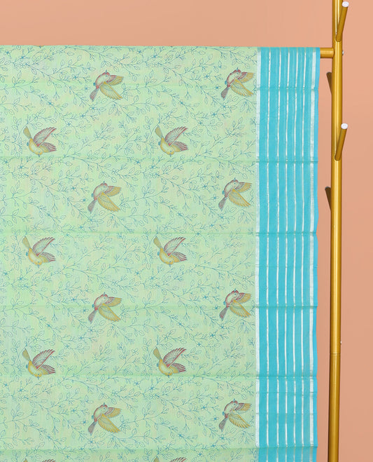 Green Chirala Cotton Saree, Elevated with Floral and Deer Motifs, a Contrast Deer Motifs Border, Striped Pallu, and a Matching Blouse