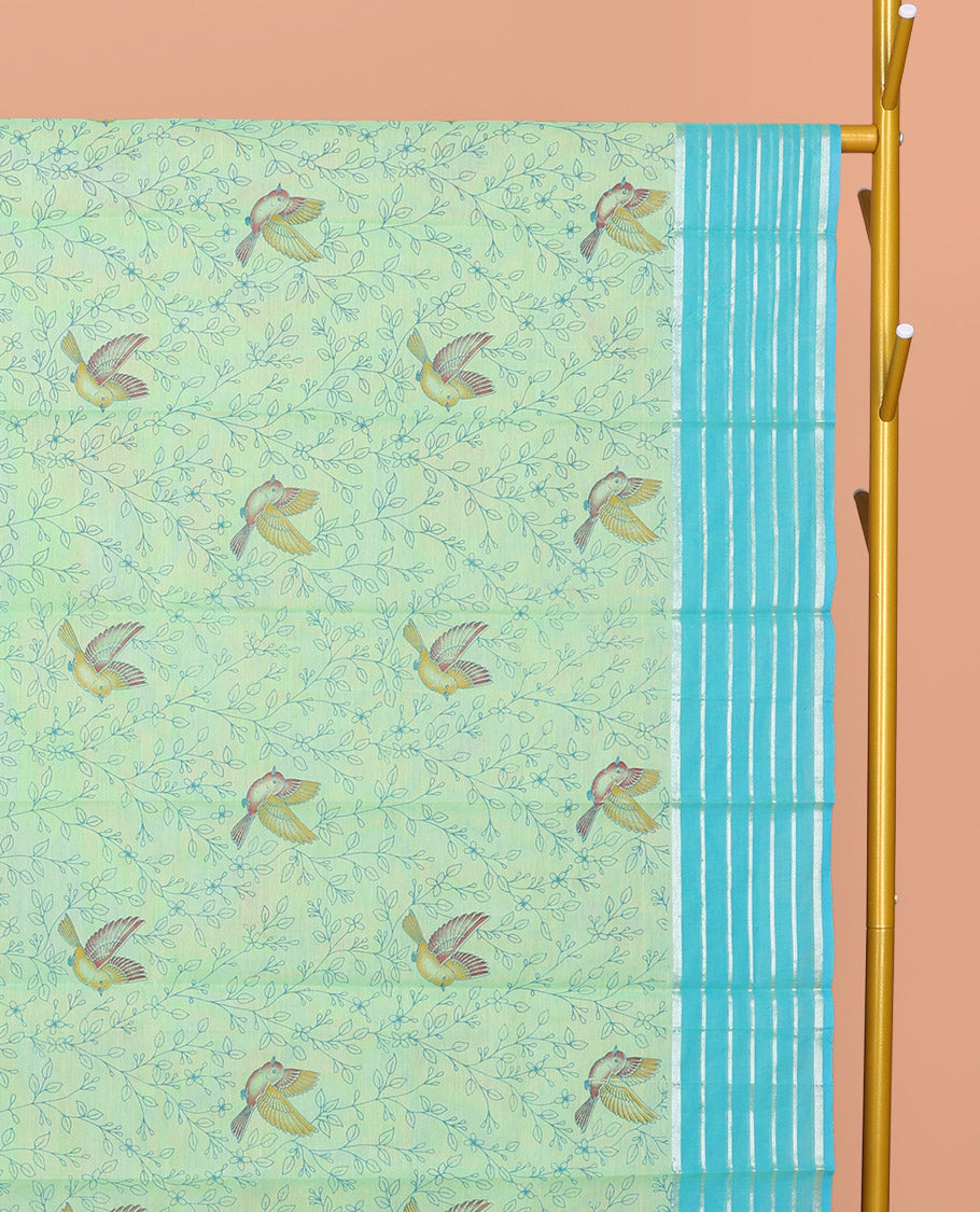 Green Chirala Cotton Saree, Elevated with Floral and Deer Motifs, a Contrast Deer Motifs Border, Striped Pallu, and a Matching Blouse