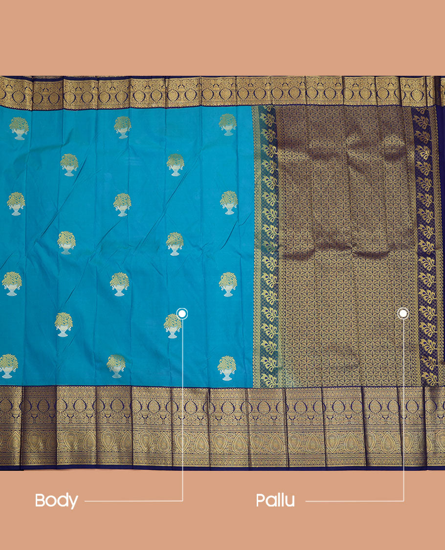 Blue Budget Silk Saree, Gleamed Up with Buttas All Over Its Body, Complemented by a Contrast Traditional Zari Design Border, Grand Pallu, and Paired with a Contrast Blouse