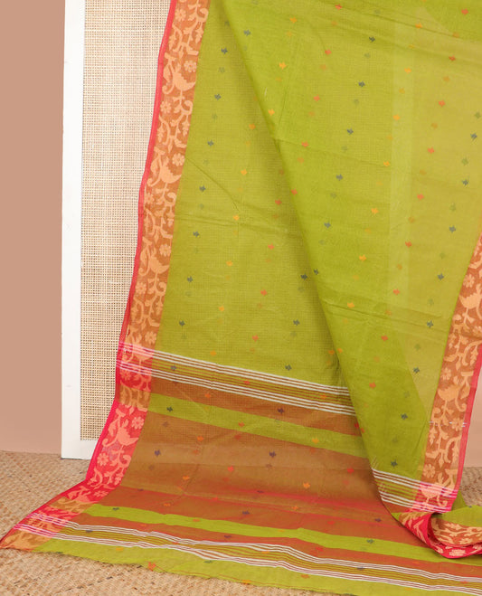 Green motifs bengal cotton saree with contrast floral design border & striped, motifs pallu
