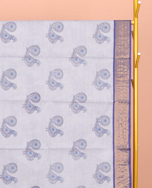 Blue Andhra Cotton Saree, Adorned with Bird Motifs Print, a Contrast Zari Border, a Pallu of Bird-Print, and a Matching Blouse