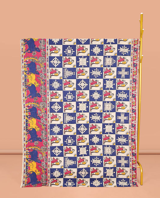 Multi-Color Machine-Printed Kalamkari Cotton Saree, Adorned with Kolam and Human Motif Enclosed Checks on Its Body, Complemented by a Contrast Pichwai Cow Printed Border, Pallu of Floral Vine Print, and Paired with a Printed Blouse