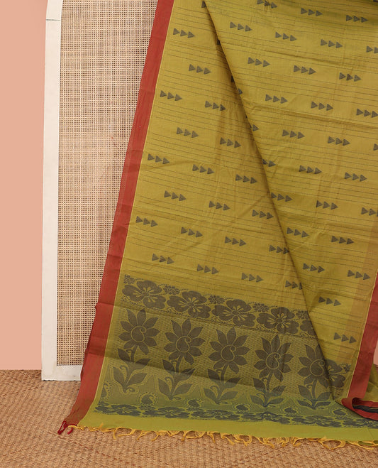 Green Kanchi Cotton Saree, Bedecked with Thread Stripes and Triangle Buttas All Over Its Body, Complemented by Contrast Border, Pallu Featuring Floral Designs, and Paired with a Matching Blouse