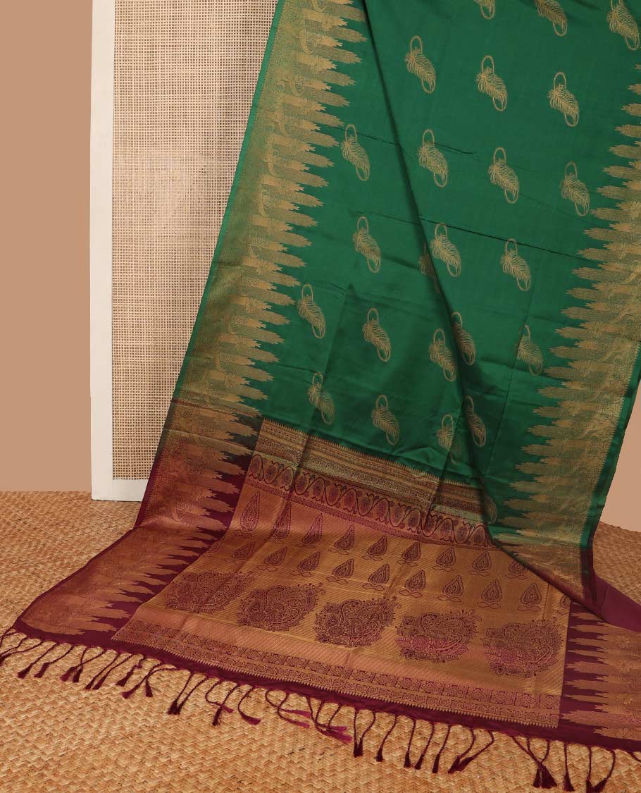 Dark green leaf motifs soft silk saree with self zari design border & floral design pallu